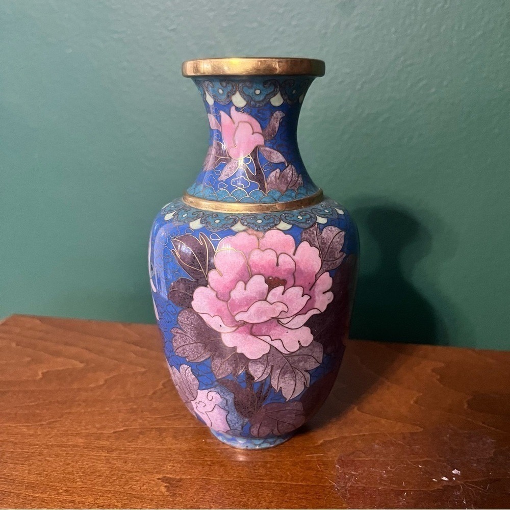 Vintage Chinese Cloisonne Bud Vase Blue Pink Gold Enamel Floral Peony Bird 6"